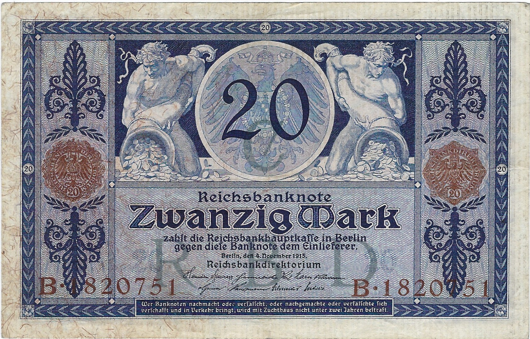 Reichsbanknote zu 20 Mark vom 4. November 1915 nach einem Entwurf von Arthur Kampf